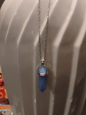 Blue Chalcedony Pendant On 16-in Stainless Steel Chain. Hexagon Cut.